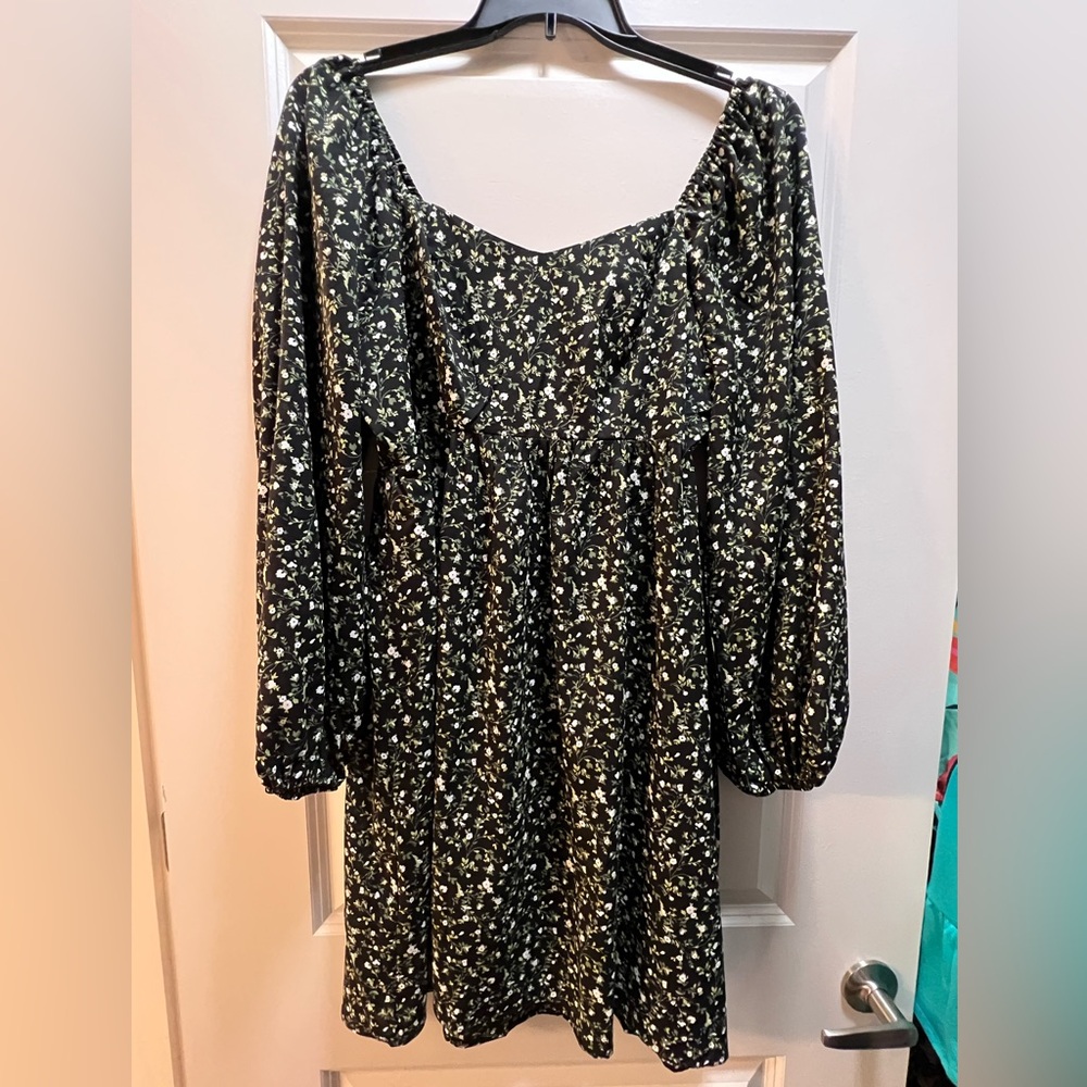 ARULA Black Dress with Green Floral Design